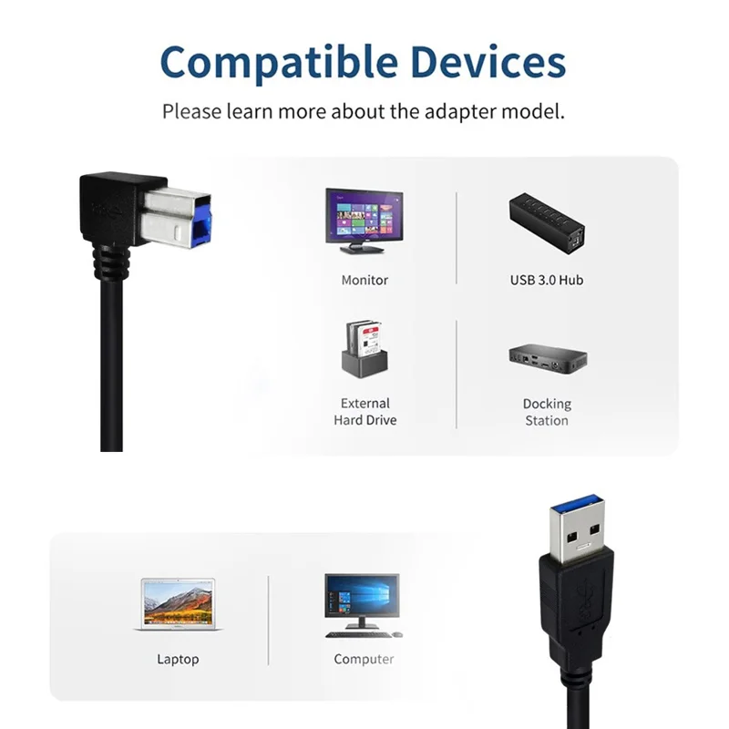 JUNSUNMAY 0.5m USB3.0 USB-A Male to USB Type-B Male Printer Cable Monitor Computer Printing Cord - Up Type
