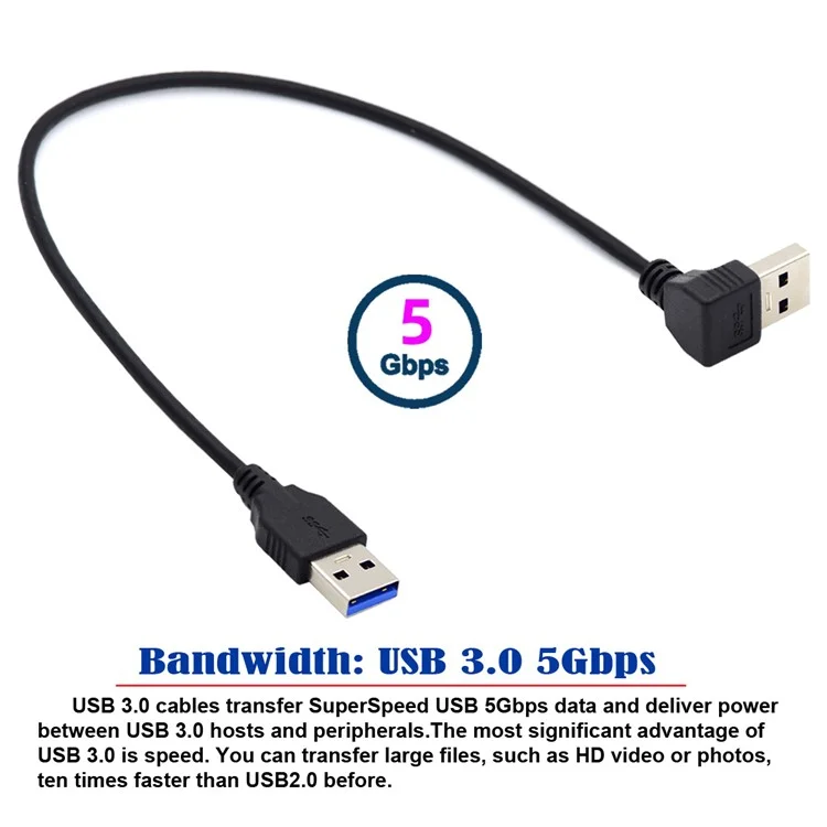 U3-069-DN 40cm Angled USB 3.0 Type-A Male to Straight 3.0 Type-A Male Data Cable 5Gbps Cord