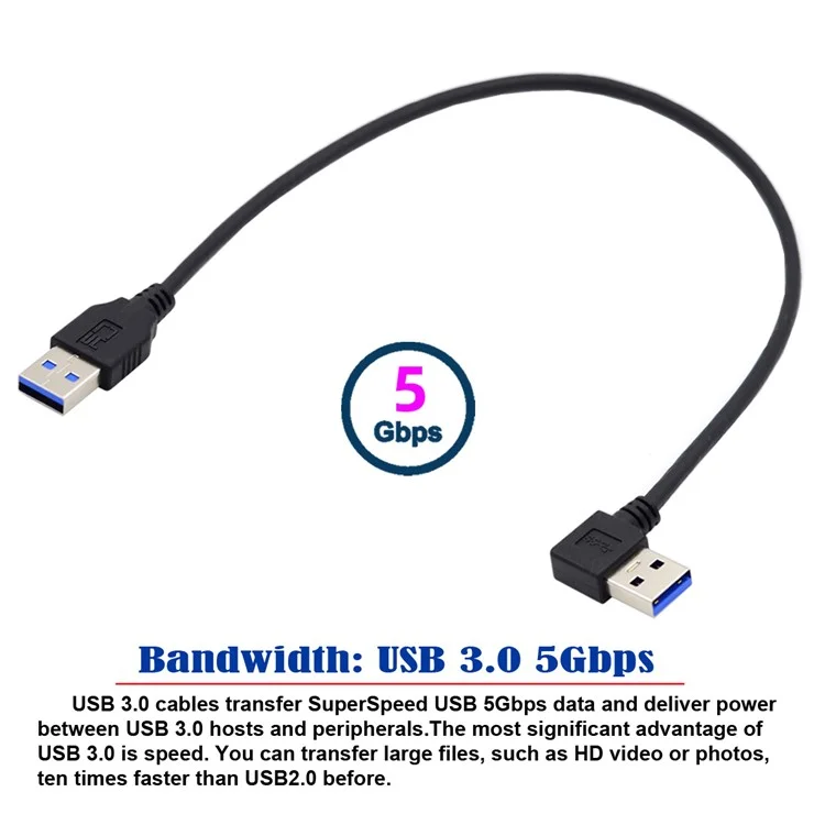 U3-069-LE Câble USB 3.0 Type-A mâle coudé à 90 degrés vers USB 3.0 Type-A droit 40 cm 5 Gbps