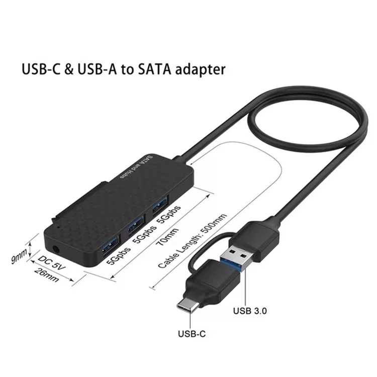 USB3.0 / Typ-C zu SATA-Konverter 22Pin Festplattenkabel mit 3-Port USB3.0-HUB-Adapter PC 2,5-Zoll-Festplatte HDD, SSD Easy Drive-Kabel
