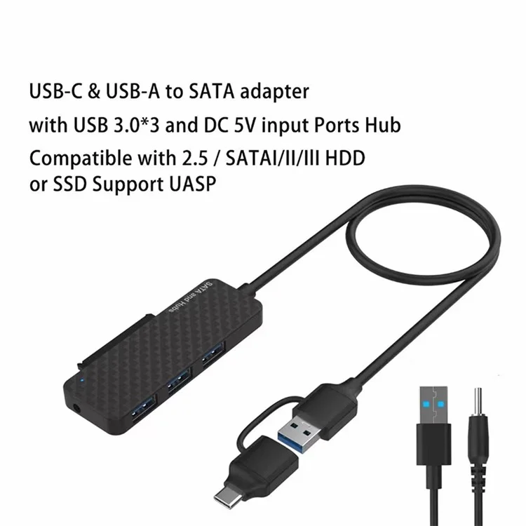 USB3.0 / Typ-C zu SATA-Konverter 22Pin Festplattenkabel mit 3-Port USB3.0-HUB-Adapter PC 2,5-Zoll-Festplatte HDD, SSD Easy Drive-Kabel