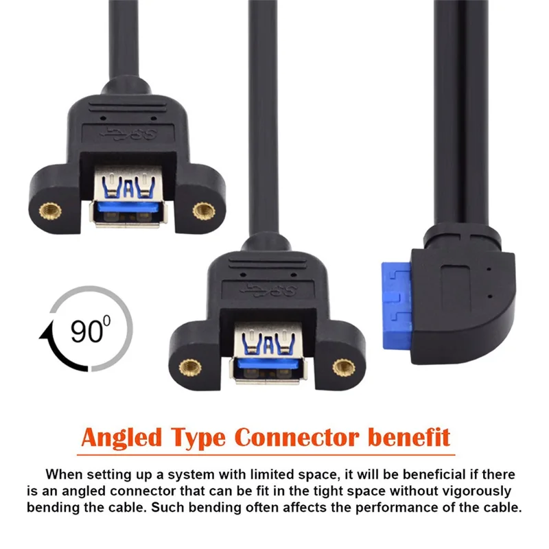 U3-088-LE Left 90 Degree Angled 19Pin 20Pin Header to USB 3.0 Dual Ports Female Screw Mount Type Cable 5Gbps Cord