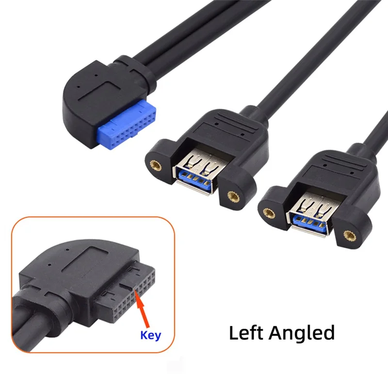 U3-088-LE Left 90 Degree Angled 19Pin 20Pin Header to USB 3.0 Dual Ports Female Screw Mount Type Cable 5Gbps Cord
