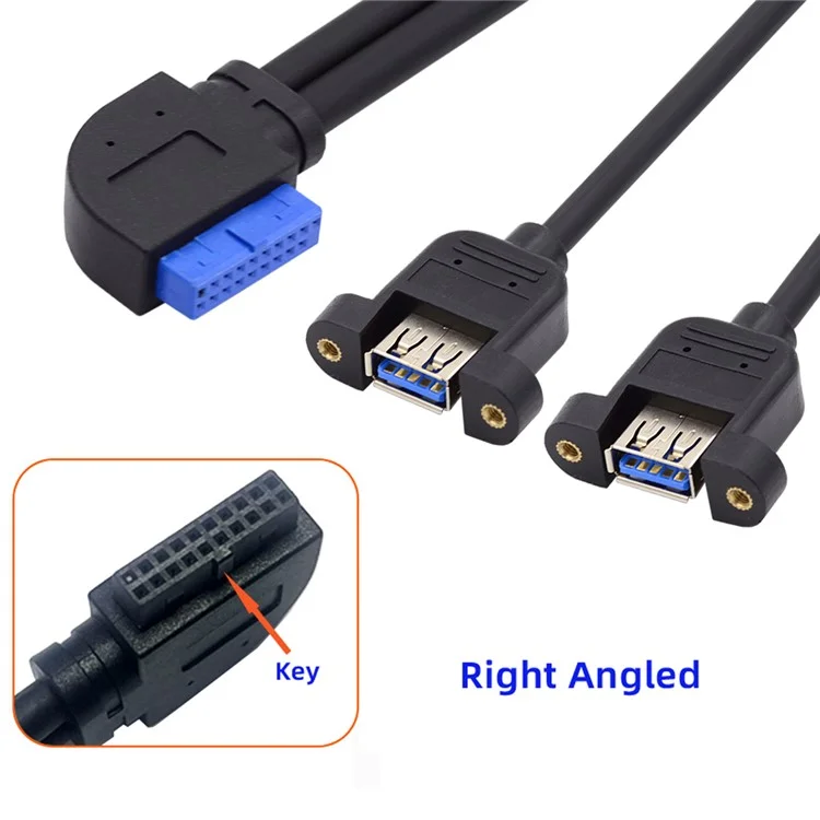 U3-088-RI Right 90 Degree Angled 19Pin 20Pin Male to Dual USB 3.0 Female Cable 5Gbps Screw Mount Type Extension Cord