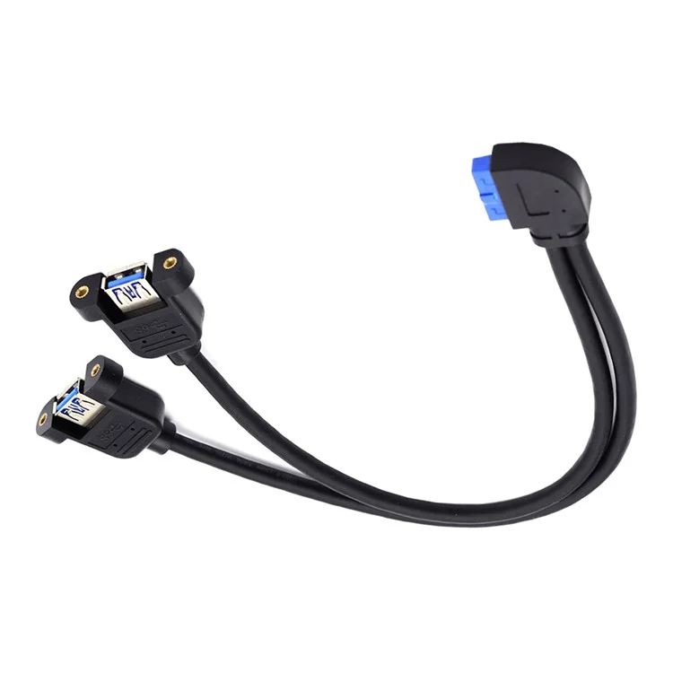 U3-088-RI Right 90 Degree Angled 19Pin 20Pin Male to Dual USB 3.0 Female Cable 5Gbps Screw Mount Type Extension Cord