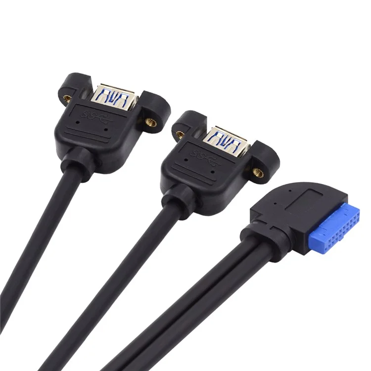 U3-088-RI Right 90 Degree Angled 19Pin 20Pin Male to Dual USB 3.0 Female Cable 5Gbps Screw Mount Type Extension Cord