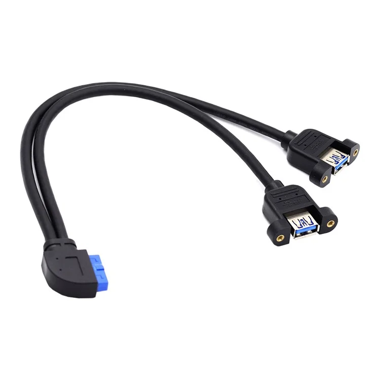 U3-088-RI Right 90 Degree Angled 19Pin 20Pin Male to Dual USB 3.0 Female Cable 5Gbps Screw Mount Type Extension Cord