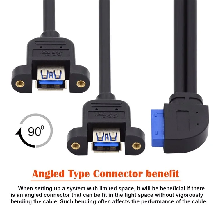 U3-088-RI Right 90 Degree Angled 19Pin 20Pin Male to Dual USB 3.0 Female Cable 5Gbps Screw Mount Type Extension Cord