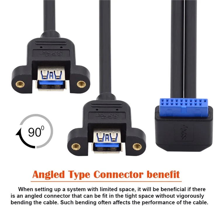 U3-088-UP Up 90 Degree Angled 19Pin 20Pin Male to Dual USB 3.0 Female 5Gbps Cable Screw Mount Type Cord