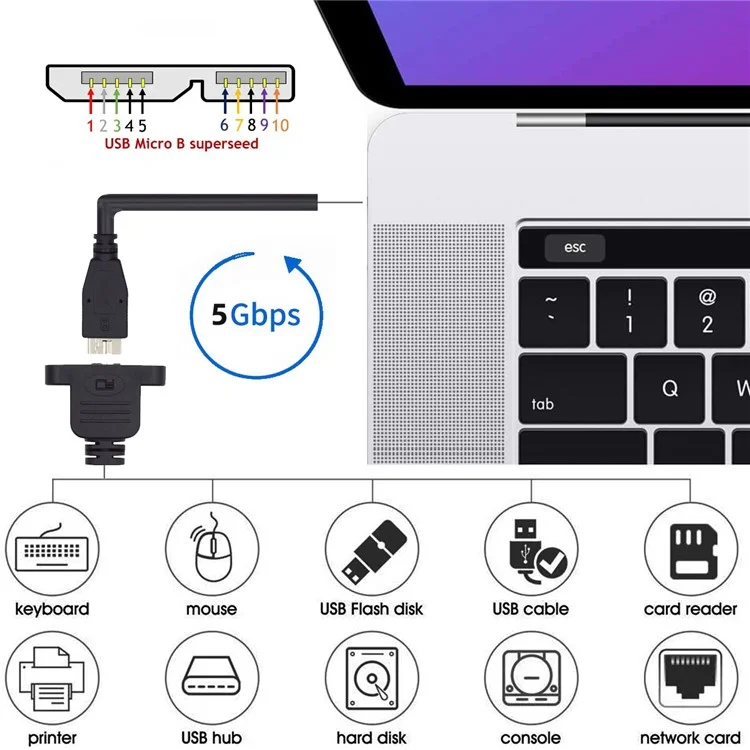 U3-083-MM 50cm Micro USB 3.0 Male to Micro 3.0 Type-B Female 5Gbps Screw Mount Type Extension Cable