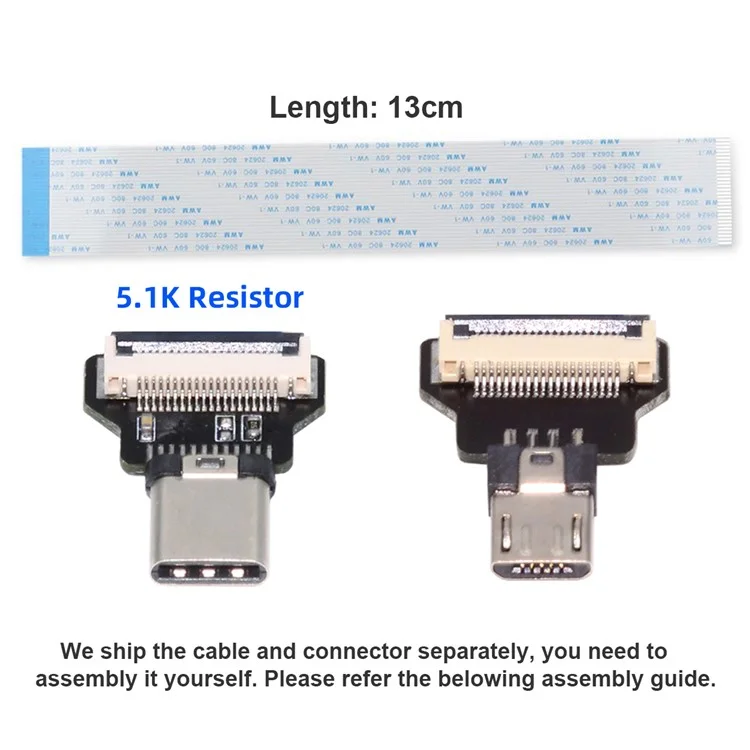 UC-019-MM CN-008-OTGCN-009-0.13M / CN-012-MA Type-C Male Host to 5Pin Micro USB 2.0 Male Target Data Flat Slim FPC Cable Extender