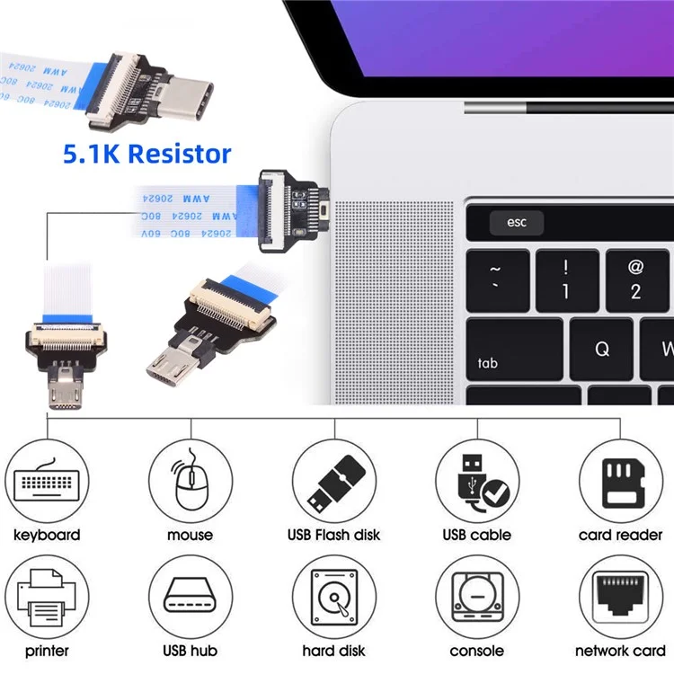 UC-019-MM CN-008-OTGCN-009-0.13M / CN-012-MA Type-C Male Host to 5Pin Micro USB 2.0 Male Target Data Flat Slim FPC Cable Extender