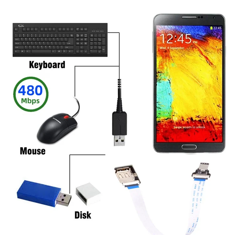 UC-019-AF CN-008-OTG / CN-009-0.13M / CN-011-FE 13cm Type-C Male Host to USB 2.0 Type-A Female Target Data Flat Slim FPC Cable