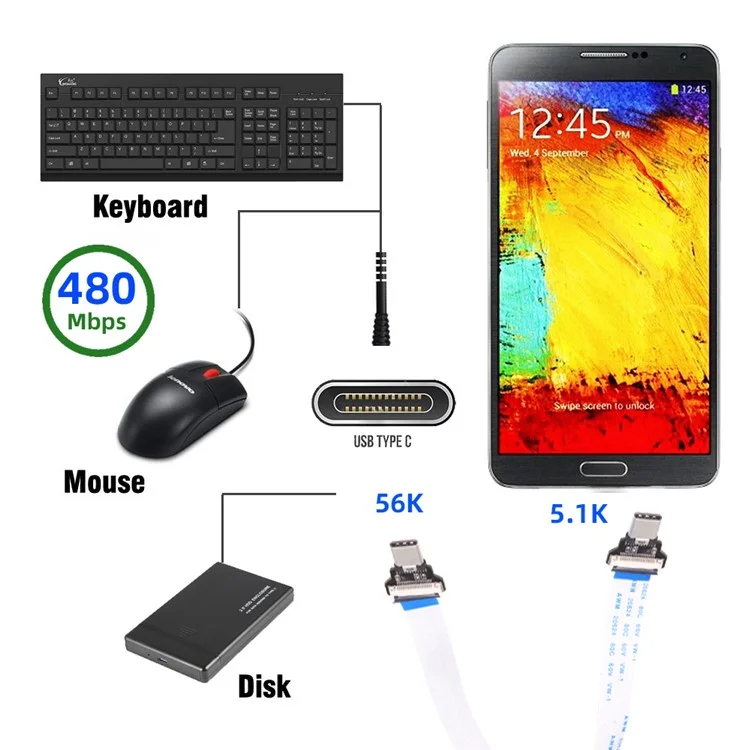 UC-019-CM CN-008-OTG / CN-009-0.13M / CN-013-MA OTG USB-C Type-C Male Host to Type-C Male Target Data Flat Slim FPC Cable