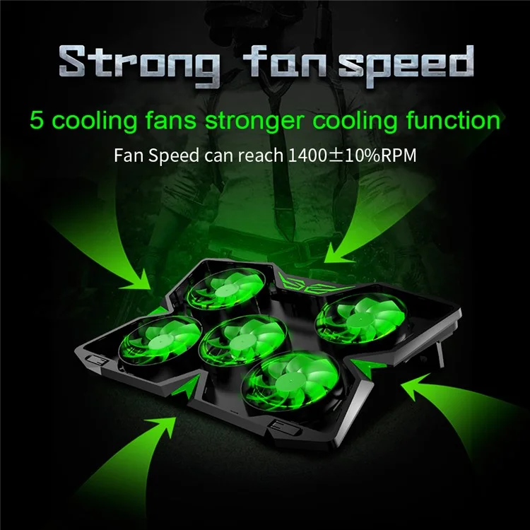 COOLCOLD Base de refroidissement pour ordinateur portable avec 5 ventilateurs + 2 ports USB Refroidisseur de jeux pour ordinateur portable - Noir+Vert