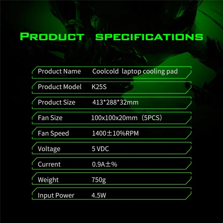 COOLCOLD Base de refroidissement pour ordinateur portable avec 5 ventilateurs + 2 ports USB Refroidisseur de jeux pour ordinateur portable - Noir+Vert