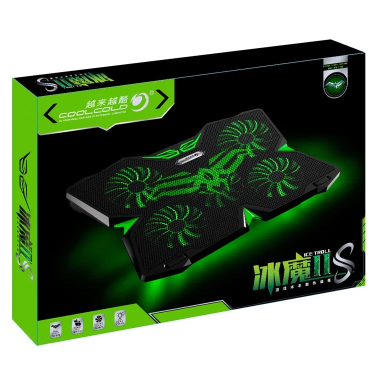 COOLCOLD Base de refroidissement pour ordinateur portable avec 5 ventilateurs + 2 ports USB Refroidisseur de jeux pour ordinateur portable - Noir+Vert