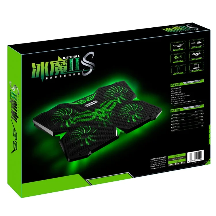 COOLCOLD Base de refroidissement pour ordinateur portable avec 5 ventilateurs + 2 ports USB Refroidisseur de jeux pour ordinateur portable - Noir+Vert