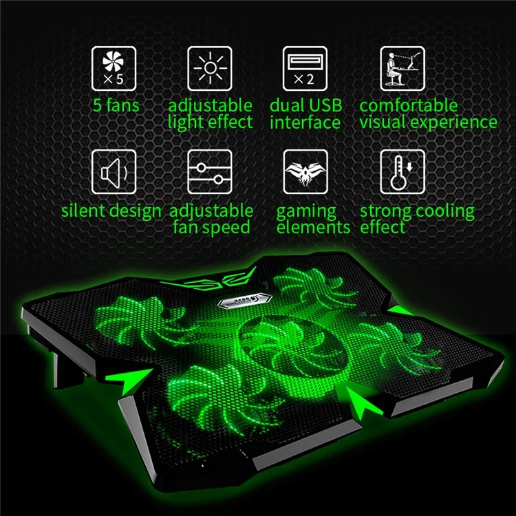 COOLCOLD Base de refroidissement pour ordinateur portable avec 5 ventilateurs + 2 ports USB Refroidisseur de jeux pour ordinateur portable - Noir+Vert