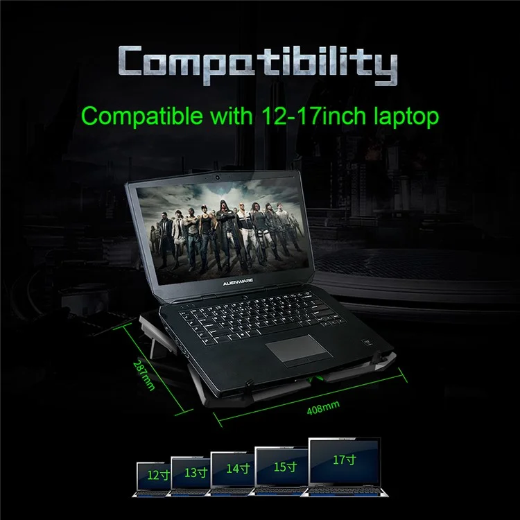 COOLCOLD Base de refroidissement pour ordinateur portable avec 5 ventilateurs + 2 ports USB Refroidisseur de jeux pour ordinateur portable - Noir+Vert
