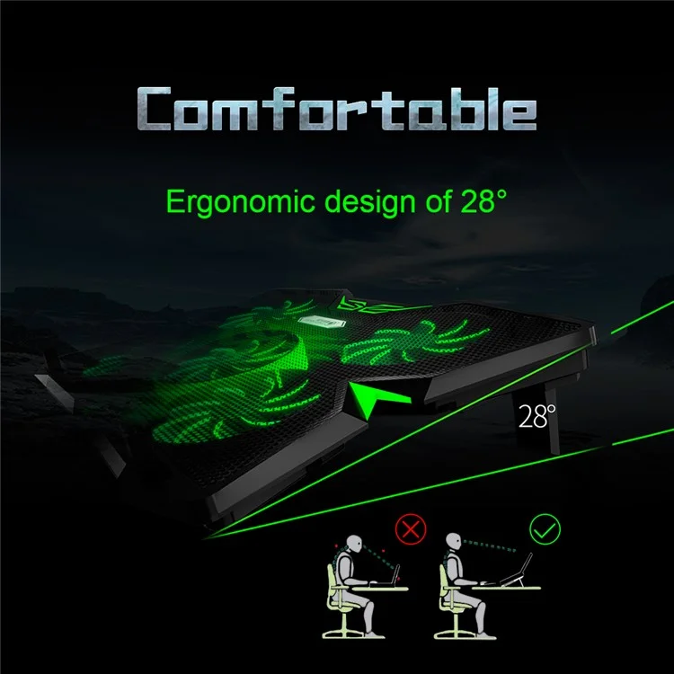 COOLCOLD Base de refroidissement pour ordinateur portable avec 5 ventilateurs + 2 ports USB Refroidisseur de jeux pour ordinateur portable - Noir+Vert