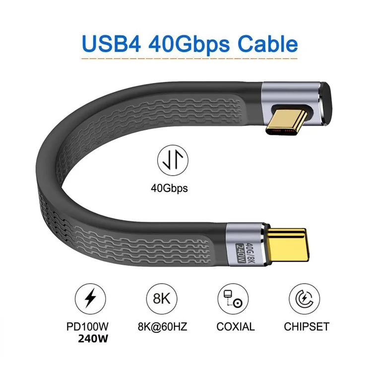 UC-002-0.13L 13cm Low Profile Angled 240W Type-C Male to Male USB4 40Gbps 100W 8K Flat FPC Data Cable for Laptop Phone
