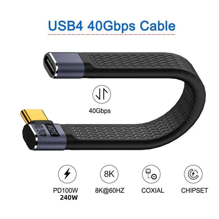 UC-040-0.13R 13cm Right Angled USB4 Extension Cable Slim Flat Male to Female 40Gbps with 240W Power and 8K / 60Hz Video