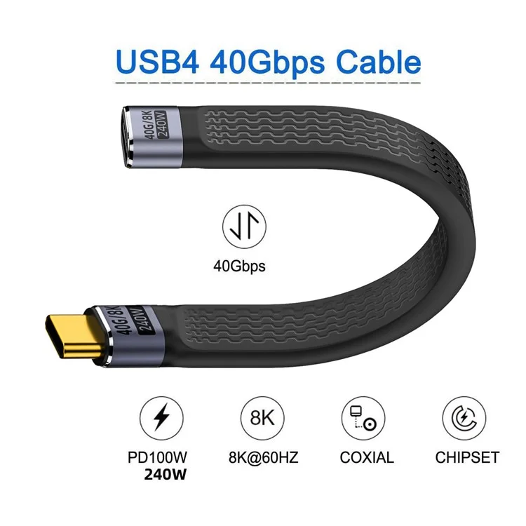 UC-040-0.13W 13 см USB4 удлинительный кабель Slim Flat Male to Female 40 Гбит/с с 240 Вт питанием и видео 8K / 60 Гц