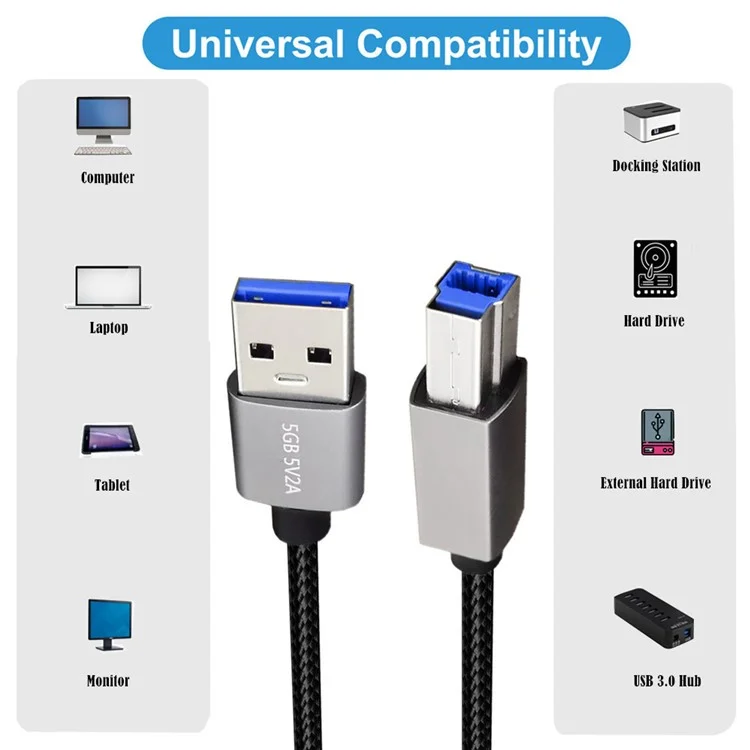JUNSUNMAY Câble de données de connexion d'imprimante USB-A 3.0 mâle vers USB Type-B mâle de 2 m
