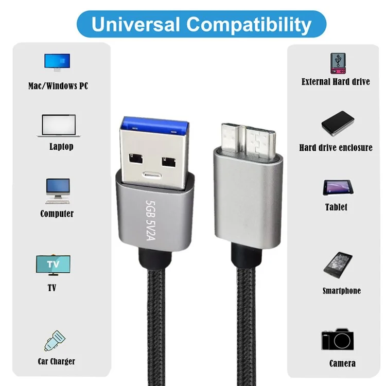 Junsunmay 1m 1m USB-A 3.0 Mâle à Micro-b Micro-B Male Nylon Data Câble de Données Pour la Caméra du Disque Dur