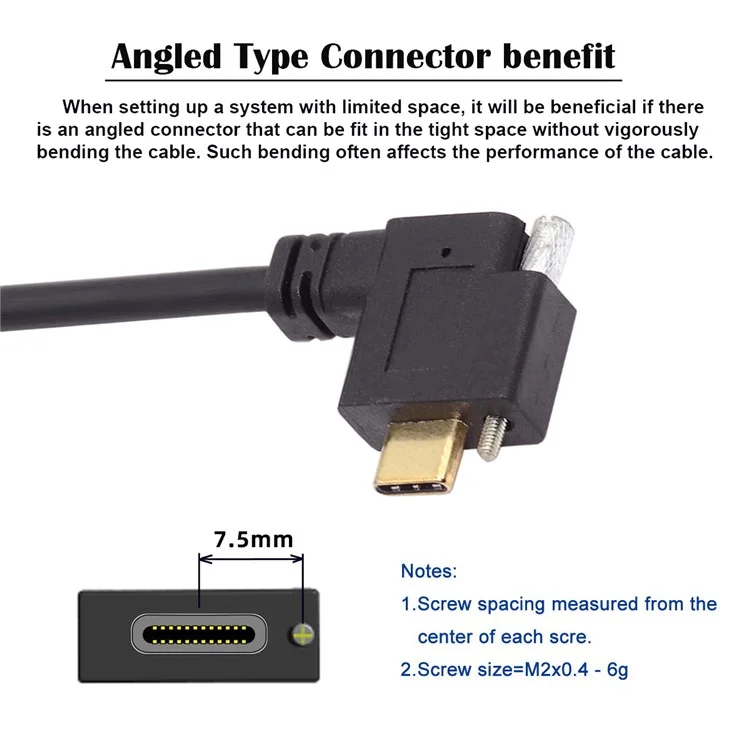 UC-041-RI 0.3m USB 3.1 Type C Right Angled Male to Female Extension Data  Screw Locking Cable