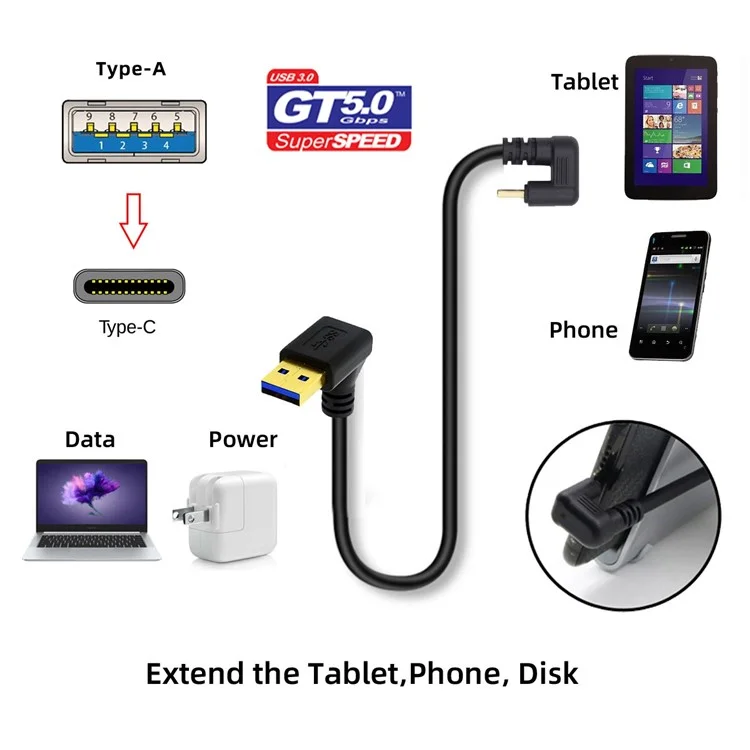 UC-101-UP 30cm USB3.0 Type-A Male to Type-C Male 5Gbps Data Cable Opposite U-Shape USB-C Cord