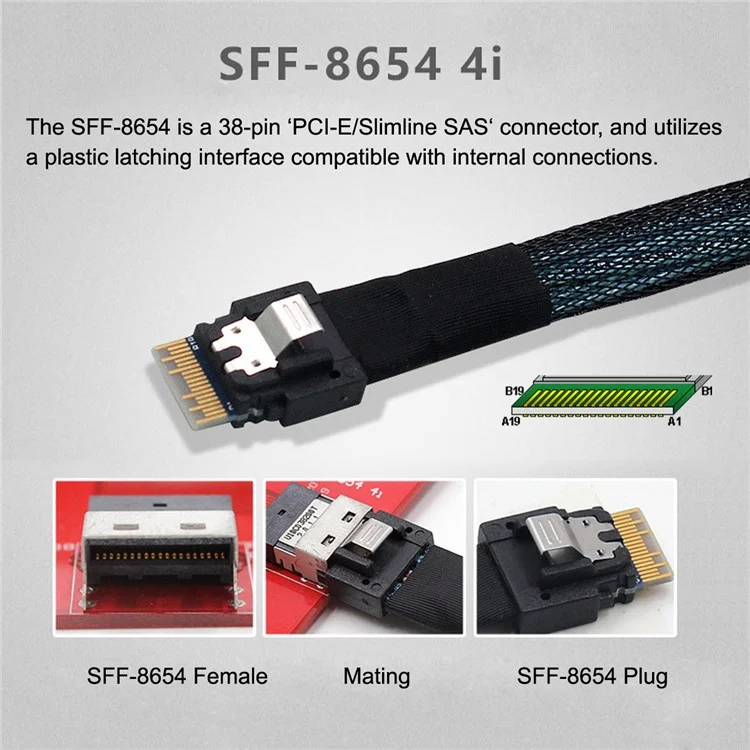 SF-078 50cm MCIO PCI-E 4i 38pin Mâle à SFF-8654 Slimline 4x Cordon de Câble Adaptateur