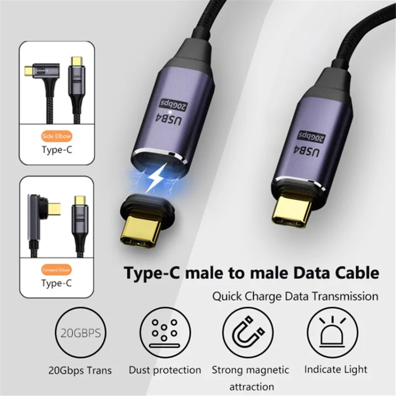 2m PD 100W 5A USB4.0 20Gbps Data Cable Support 8K / 60hz Type-C to Type-C Side-Angled Magnetic Charging Cable