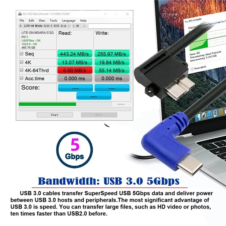 UC-166 Cabo USB-C Macho para Micro-B USB3.0 Macho com Ângulo Reto de 90 Graus de 30cm para Câmera Industrial