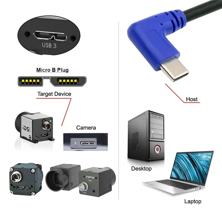 UC-166 Cabo USB-C Macho para Micro-B USB3.0 Macho com Ângulo Reto de 90 Graus de 30cm para Câmera Industrial