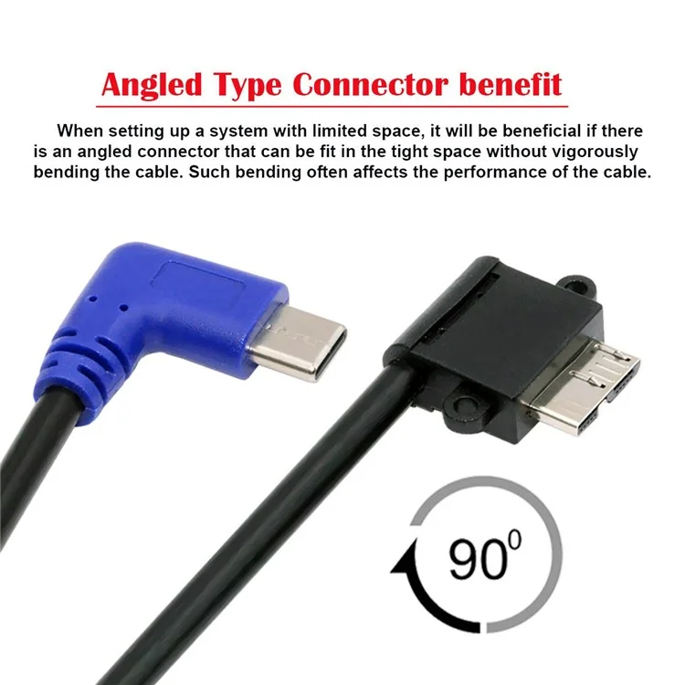 UC-166 Cabo USB-C Macho para Micro-B USB3.0 Macho com Ângulo Reto de 90 Graus de 30cm para Câmera Industrial