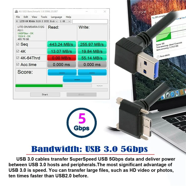 U3-078-DN Câble panel coudé vers le bas à 90 degrés USB 3.0 A mâle vers micro-B 3.0 avec vis de verrouillage, 25 cm