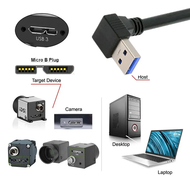 U3-078-DN Câble panel coudé vers le bas à 90 degrés USB 3.0 A mâle vers micro-B 3.0 avec vis de verrouillage, 25 cm