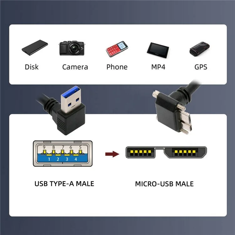U3-078-UP Câble USB 3.0 mâle coudé vers micro USB 3.0 directionnel vers le haut, 25 cm