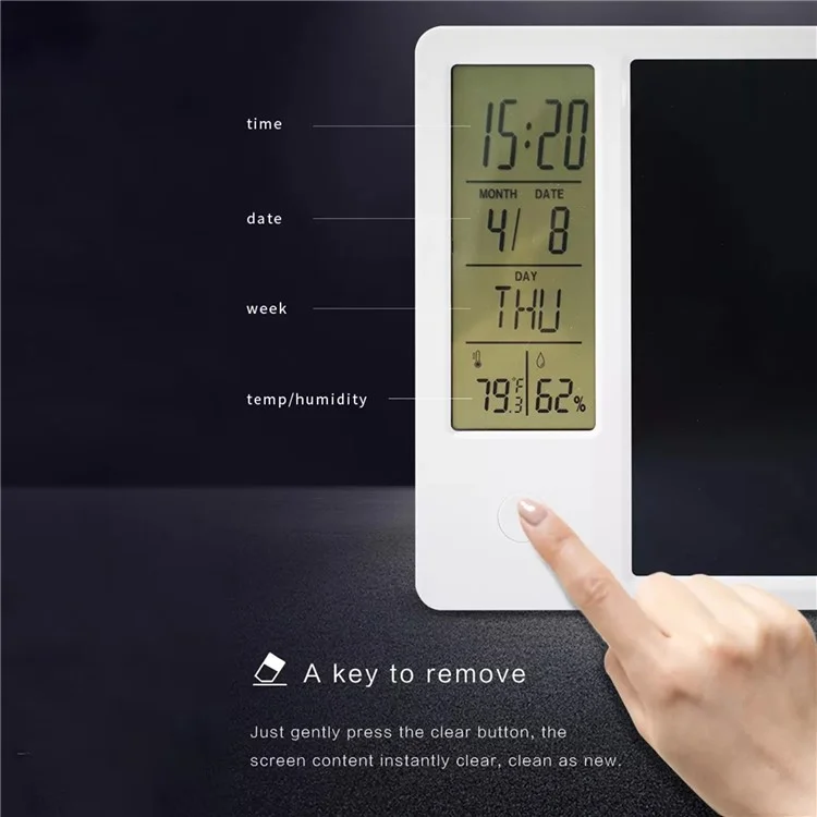 10-Inch LCD Writing Tablet Doodle Board Electronic Desktop Calendar Clock Reminder Office Memo Board with Week / Date / Year / Humidity / Temperature Display Function
