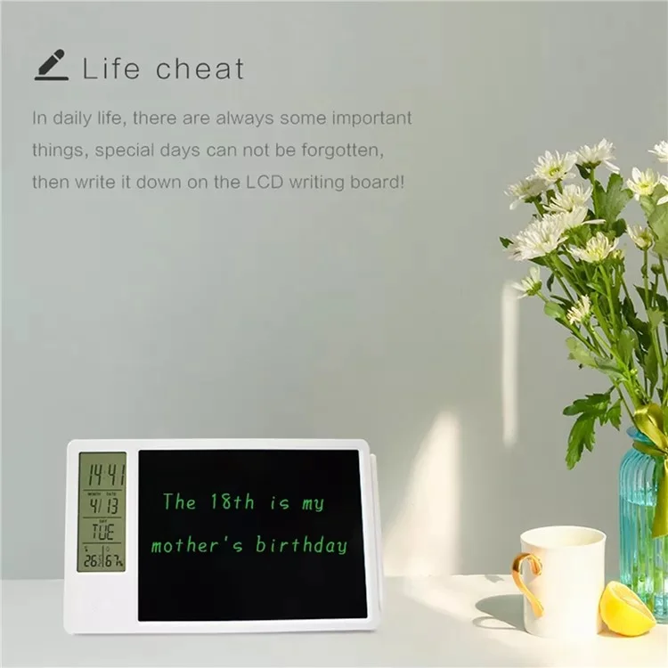 10-Inch LCD Writing Tablet Doodle Board Electronic Desktop Calendar Clock Reminder Office Memo Board with Week / Date / Year / Humidity / Temperature Display Function