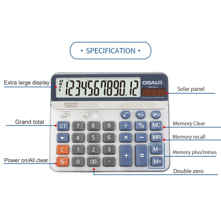 Calculadora de escritorio de pantalla grande OSALO OS-6815 ABS, de doble alimentación solar/batería, 12 dígitos, para oficina - Azul