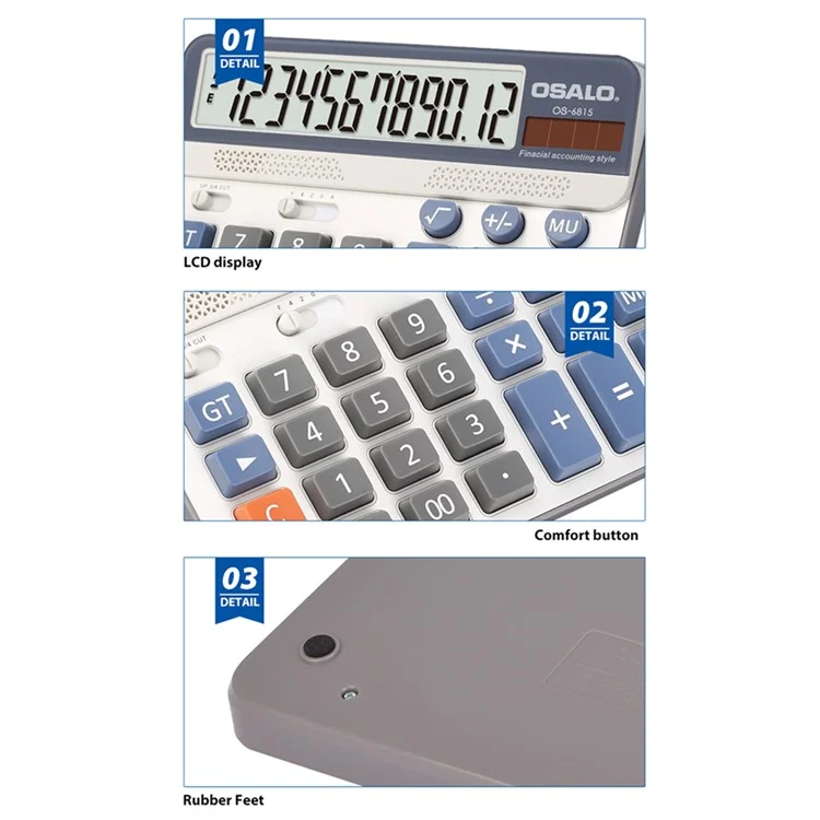 Calculadora de escritorio de pantalla grande OSALO OS-6815 ABS, de doble alimentación solar/batería, 12 dígitos, para oficina - Azul
