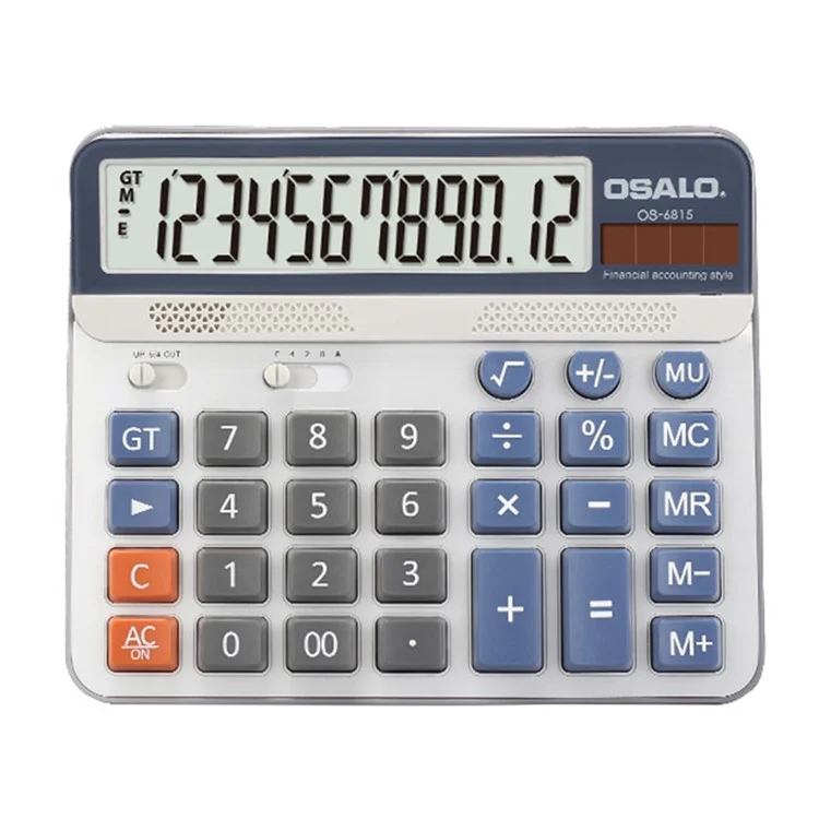 Calculadora de escritorio de pantalla grande OSALO OS-6815 ABS, de doble alimentación solar/batería, 12 dígitos, para oficina - Azul