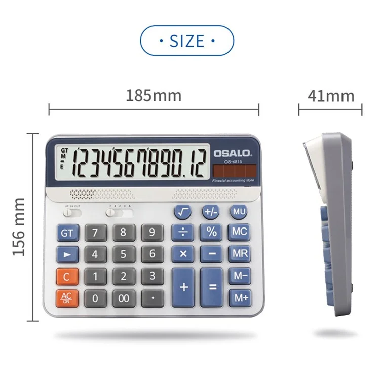 Calculadora de escritorio de pantalla grande OSALO OS-6815 ABS, de doble alimentación solar/batería, 12 dígitos, para oficina - Azul