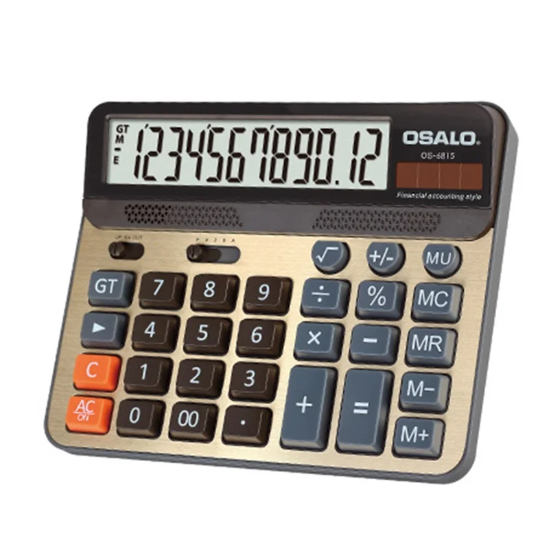 OSALO OS-6815 Large Screen ABS Desktop Calculator Solar / Battery Dual Power 12 Digit Office Calculator - Gold