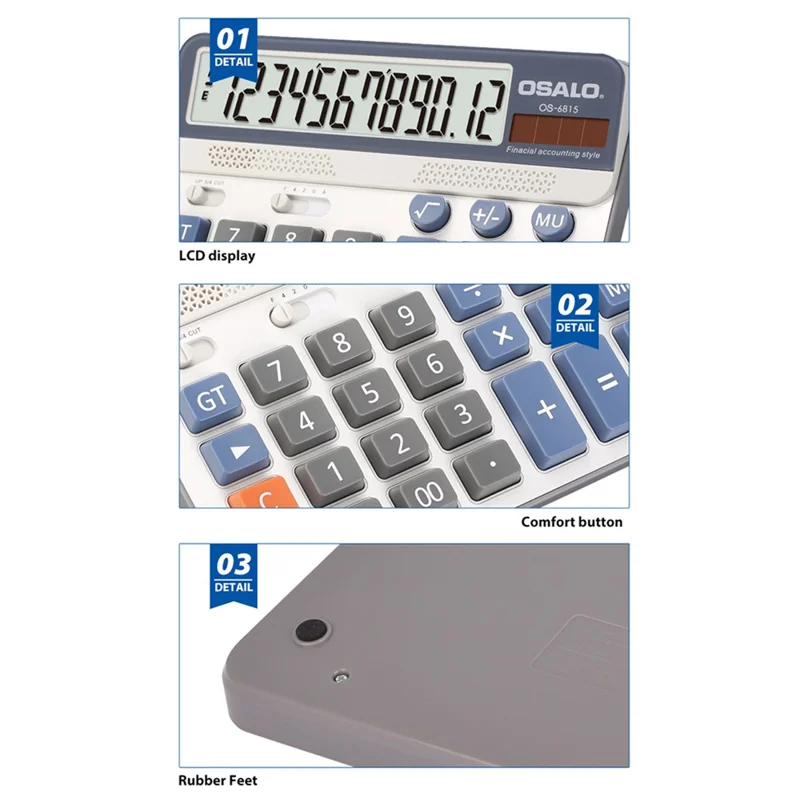 OSALO OS-6815 Large Screen ABS Desktop Calculator Solar / Battery Dual Power 12 Digit Office Calculator - Gold