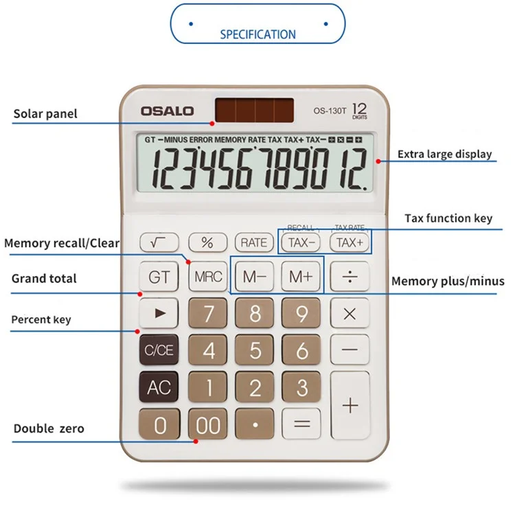 OSALO OS-130T Solar Power Large Screen ABS Desktop Calculator 12 Digit Financial Accounting Calculator - Green
