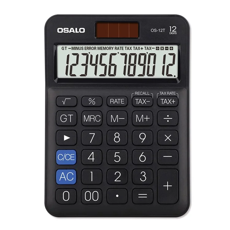 OSALO OS-12T Calculadora Portátil Solar de Energia Dupla com Taxa de Imposto ABS de 12 Dígitos - Preta